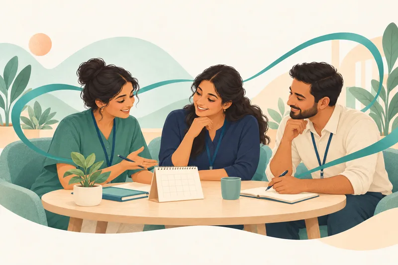 Illustration of three care team colleagues planning together around a desk