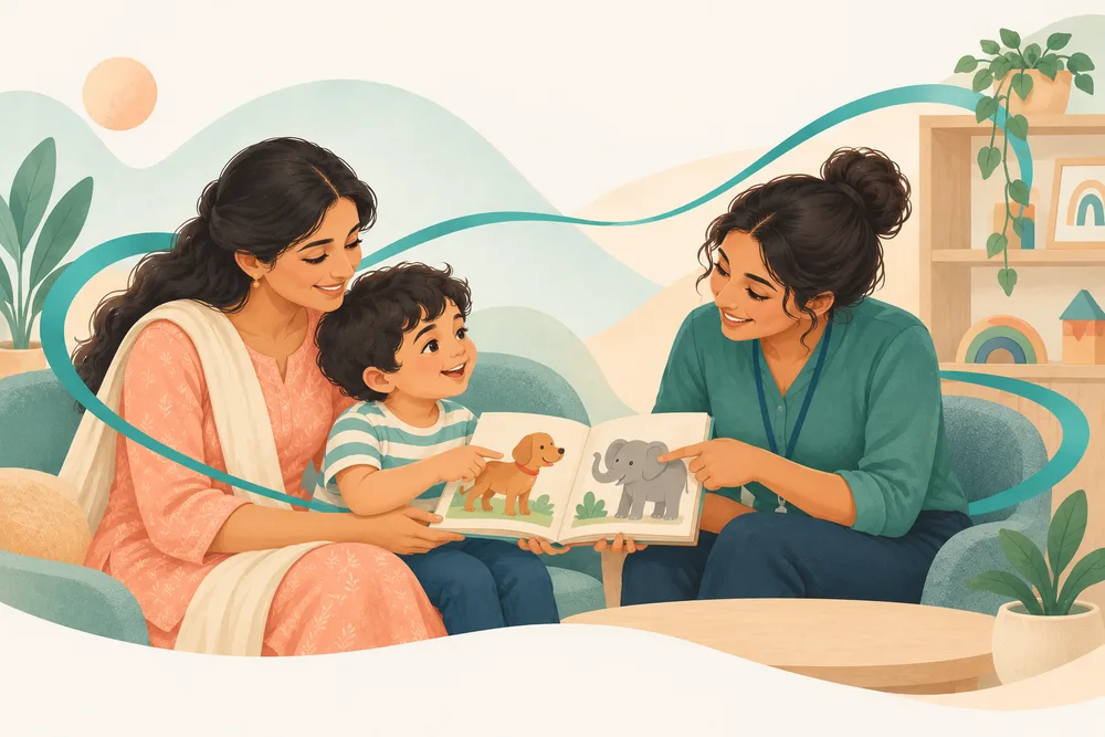 Warm illustration of a mother and child sharing a picture book with a speech therapist